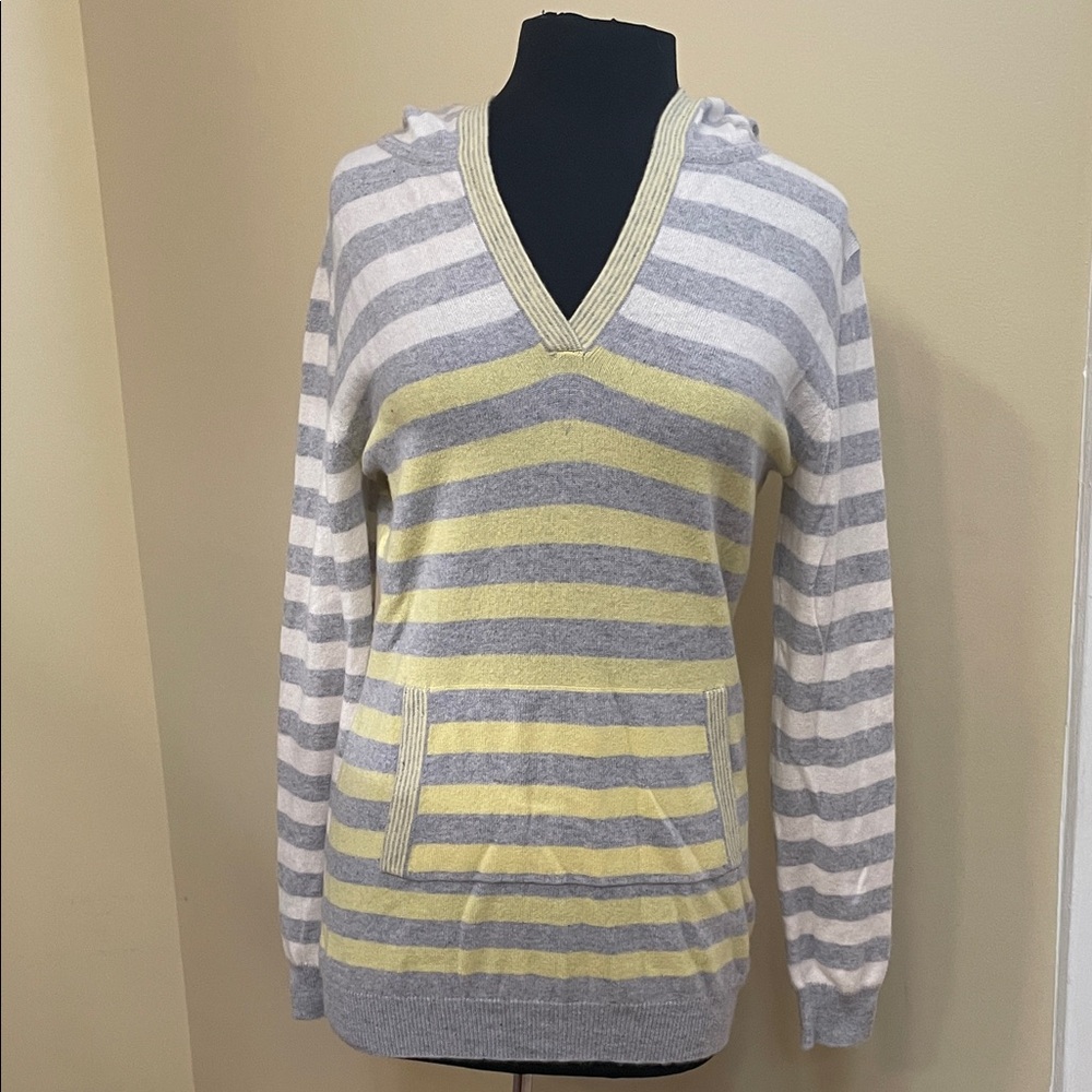 NWT Amici Cashmere Striped V-Neck with Hood Sweater in Gray and Yellow size S